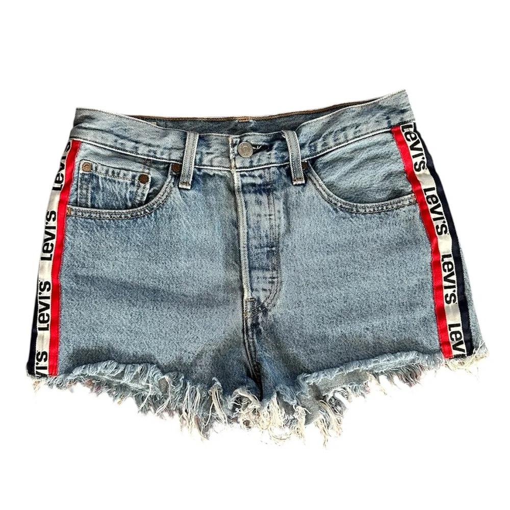 Levi’s | Women’s Blue Denim Premium 501 Buttonfly Logo Stripe Jean Shorts, Sz 27